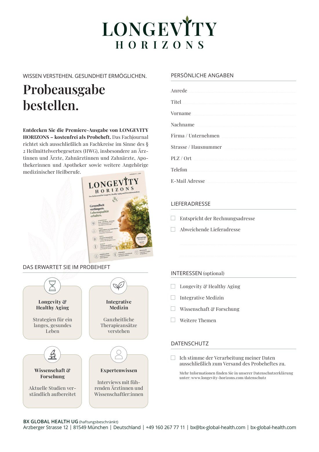 Bestellformular für die kostenlose Probeausgabe von Longevity Horizons