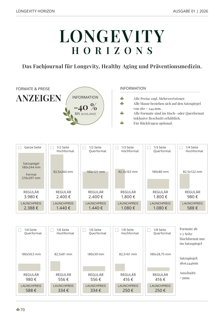 Mediadaten Longevity Horizons — Anzeigenformate und Preise, Seite 1