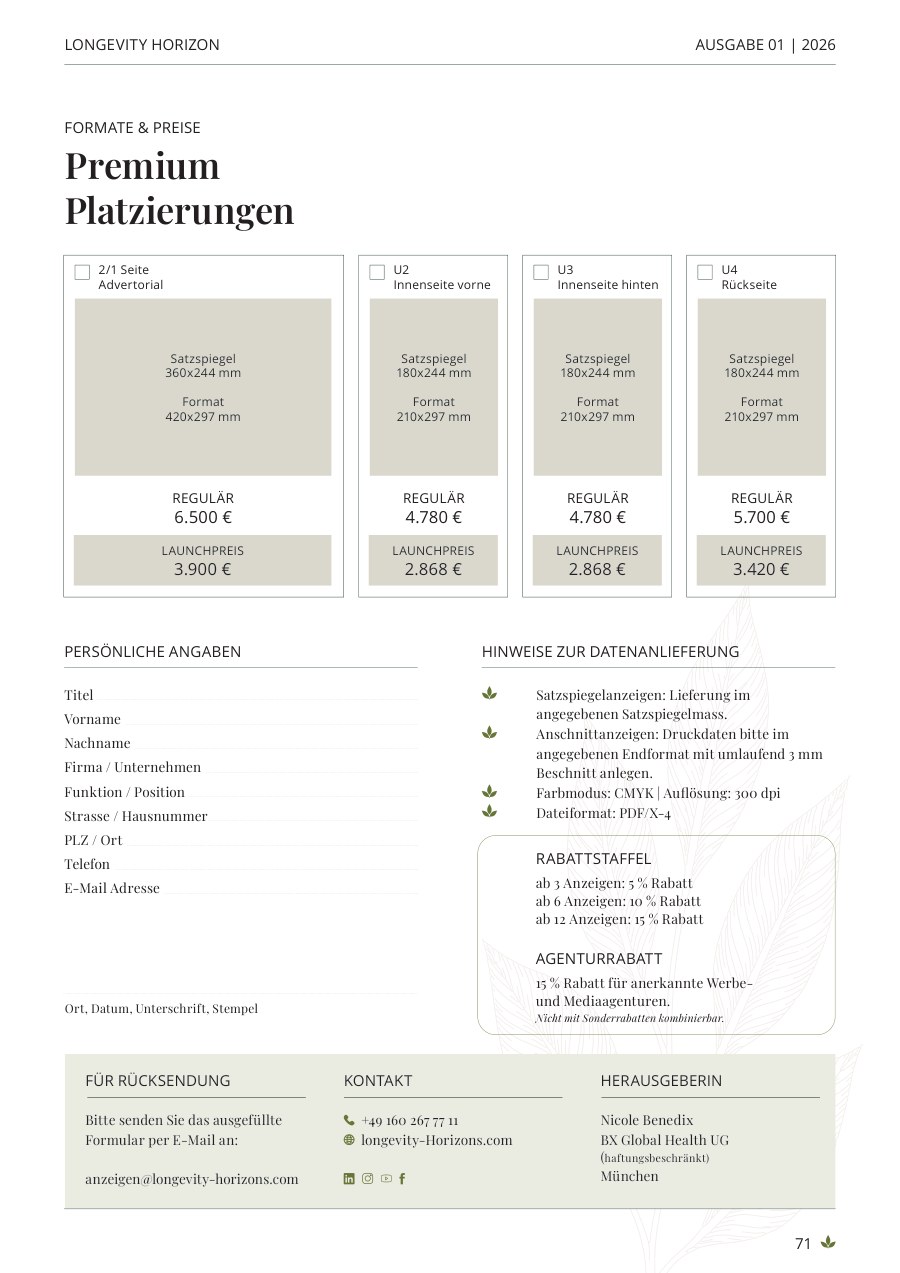 Mediadaten Longevity Horizons — Premium-Platzierungen und Konditionen, Seite 2